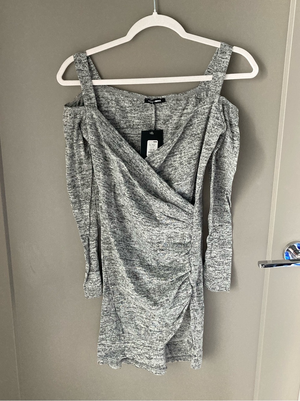 Fashion Nova Gray Off-Shoulder Wrap Knit Dress